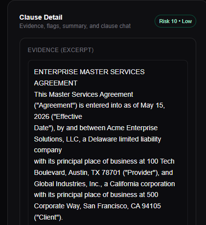 Contractive Core clause detail view with evidence excerpt