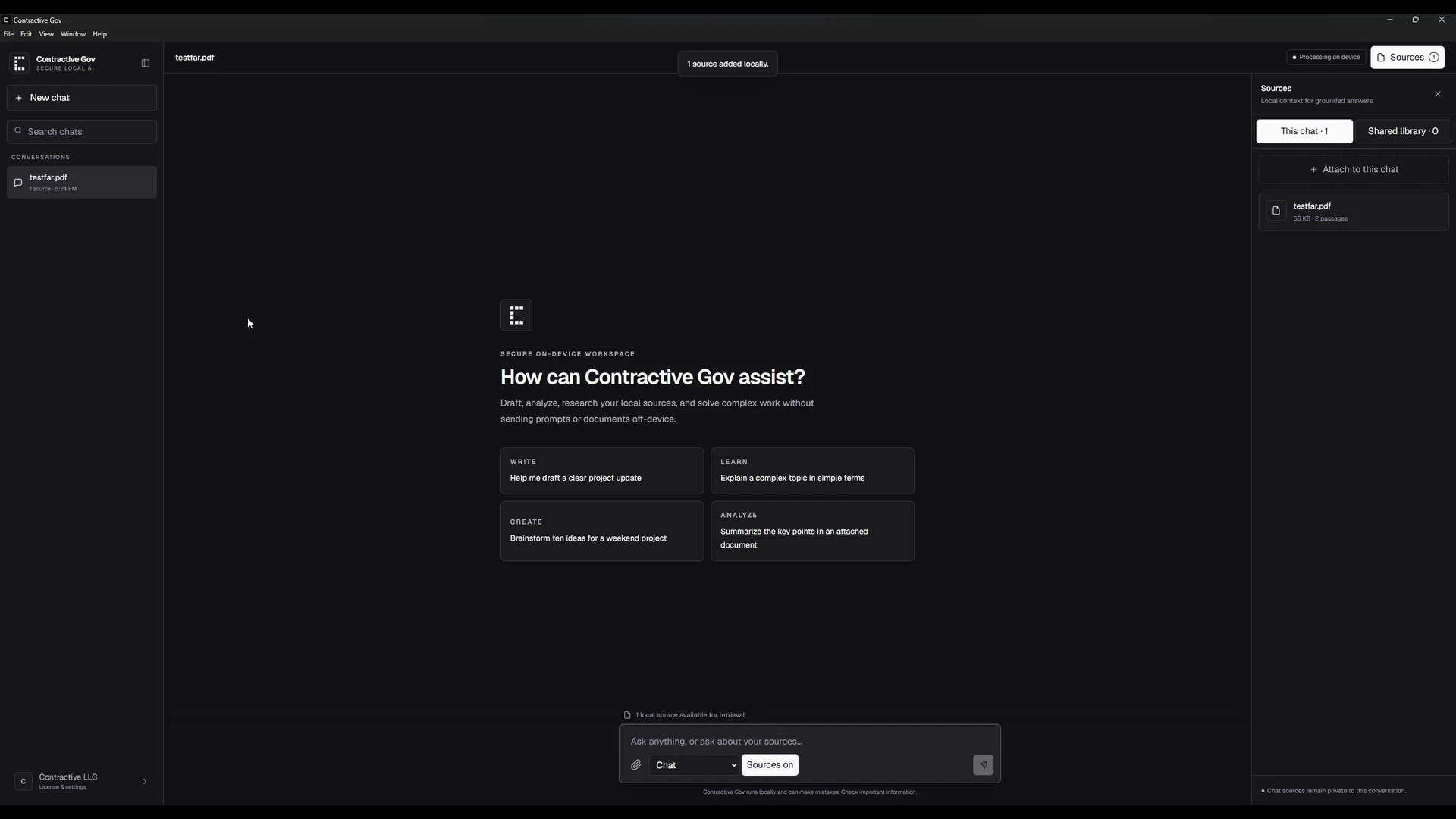 Contractive Gov with testfar.pdf attached as a local source in the contract conversation